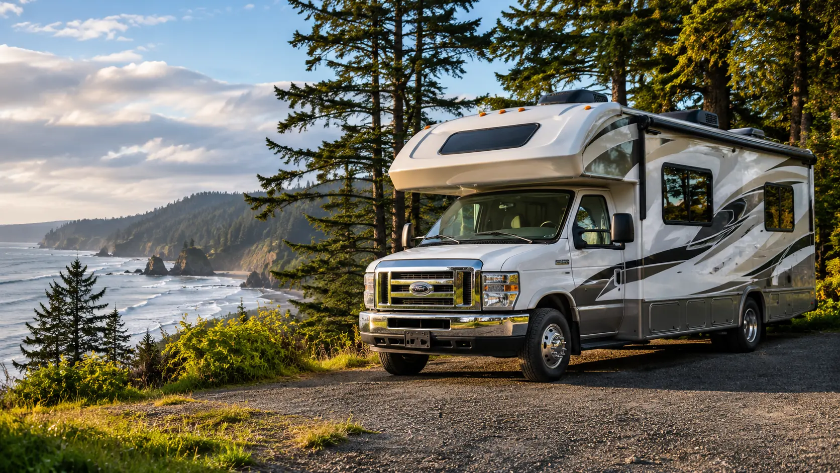 Motorhome overlooking the Pacific Northwest coastline